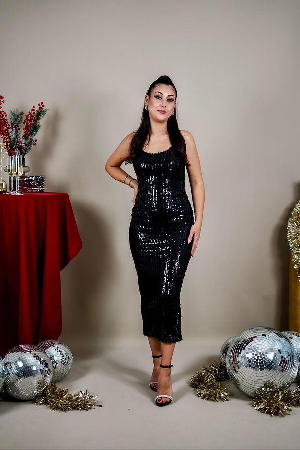 Askısı Ayarlanabilir Astarlı Midi Payet Elbise - 2