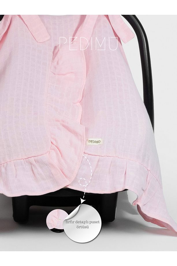 Müslin Pembe Renk Fırfır Detaylı Puset Örtüsü Ve Puset Minderi Set - 5