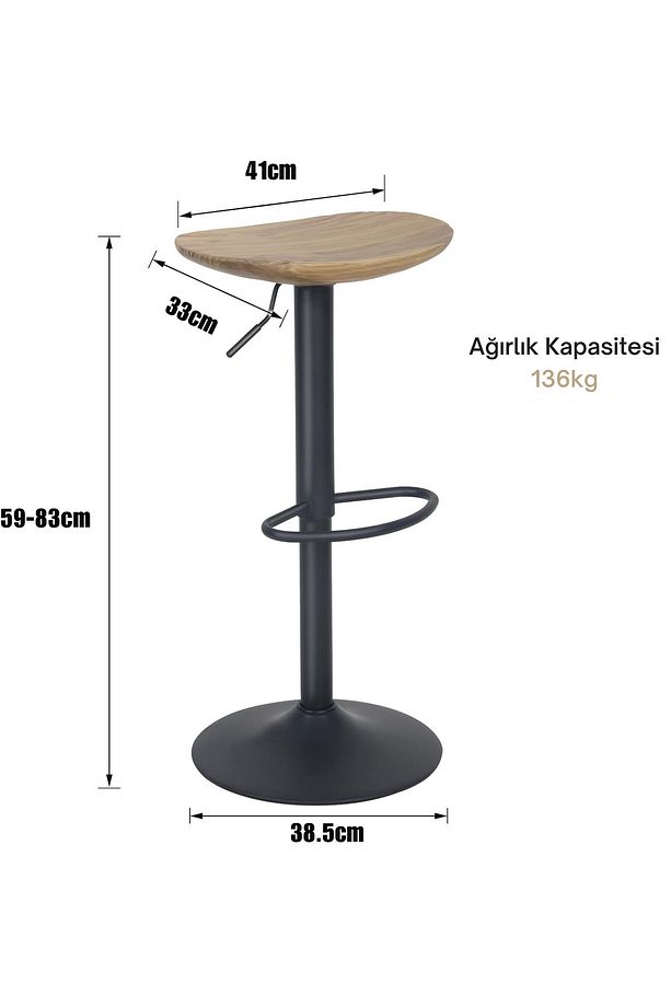 Ahşap Döner Mutfak Taburesi 2'li Set Ayarlanabilir, Vintage Stil - 5