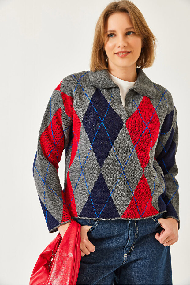 Women's Anthracite Navy Blue Polo Collar Patterned Knitwear Sweater 20247580
