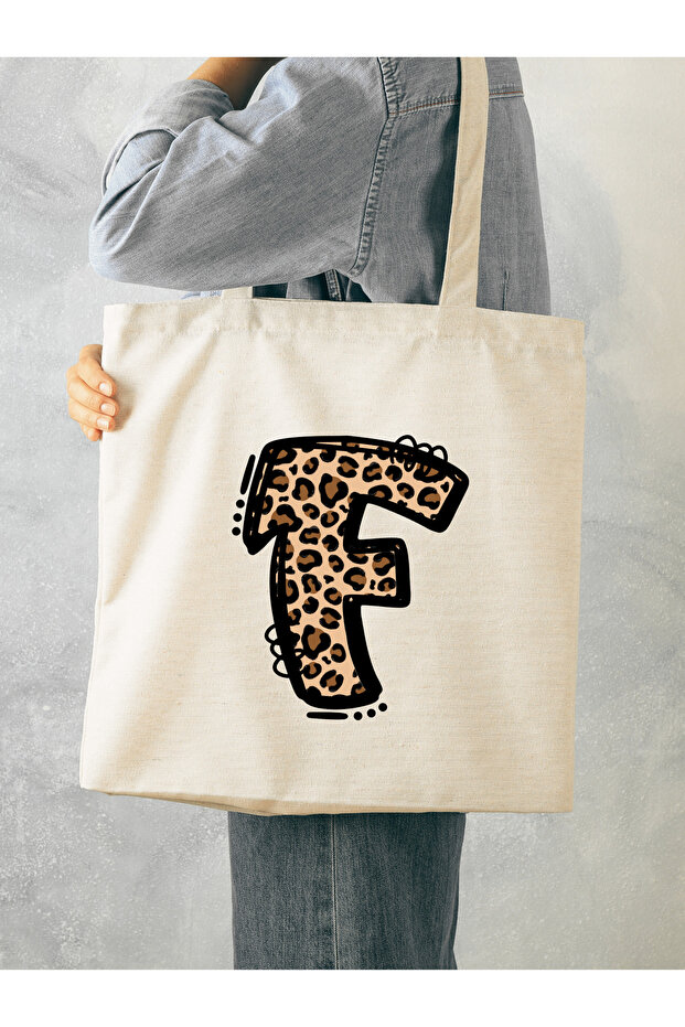 Leopard Letter F Patterned, Y2 Pinterest Retro Cloth Bag Tote Bag, Gift Bag