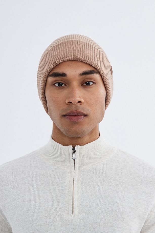 Unisex Bej Akrilik Düz Yumuşak Triko Bere Esnek Çift Katlamalı Kışlık Logolu Basic Fitilli Pumb - 1