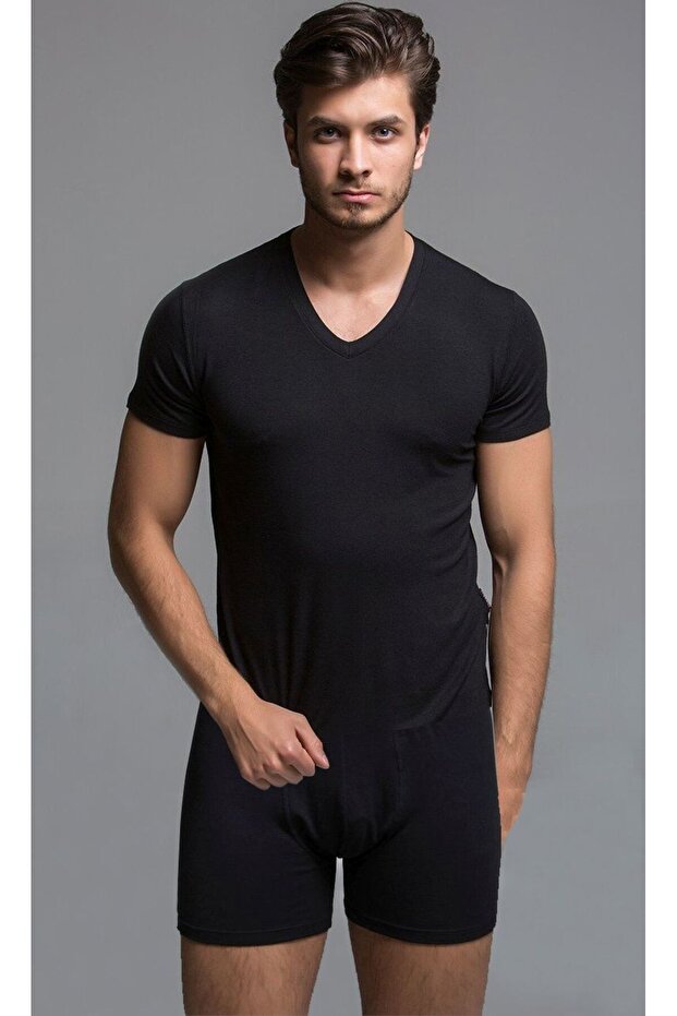 Bamboo Men's V-Neck T-Shirt and Shorts Set Black