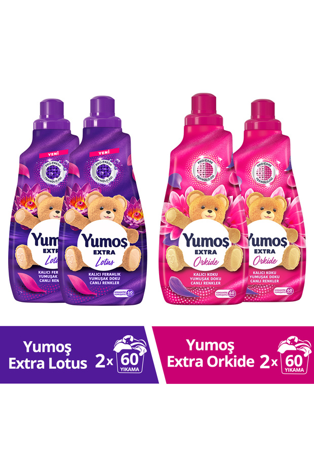 Yumoş Extra Yumuşatıcı Lotus ml 1440ml x2 + Yumoş Extra Konsantre Yumuşatıcı Orkide 1440ml x2 - 1