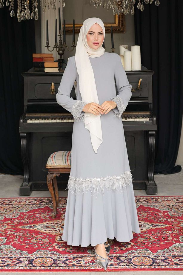 Elif Model Tüy Detaylı Gri Elbise - 2