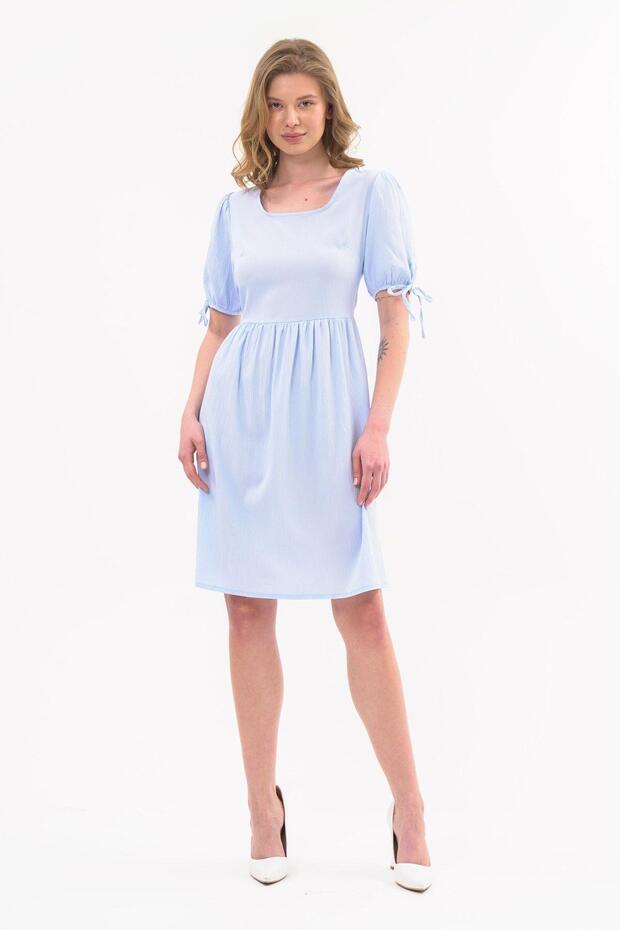 Apsen Women's Blue Color Square Neck Sleeve Detailed Dress 4368-100