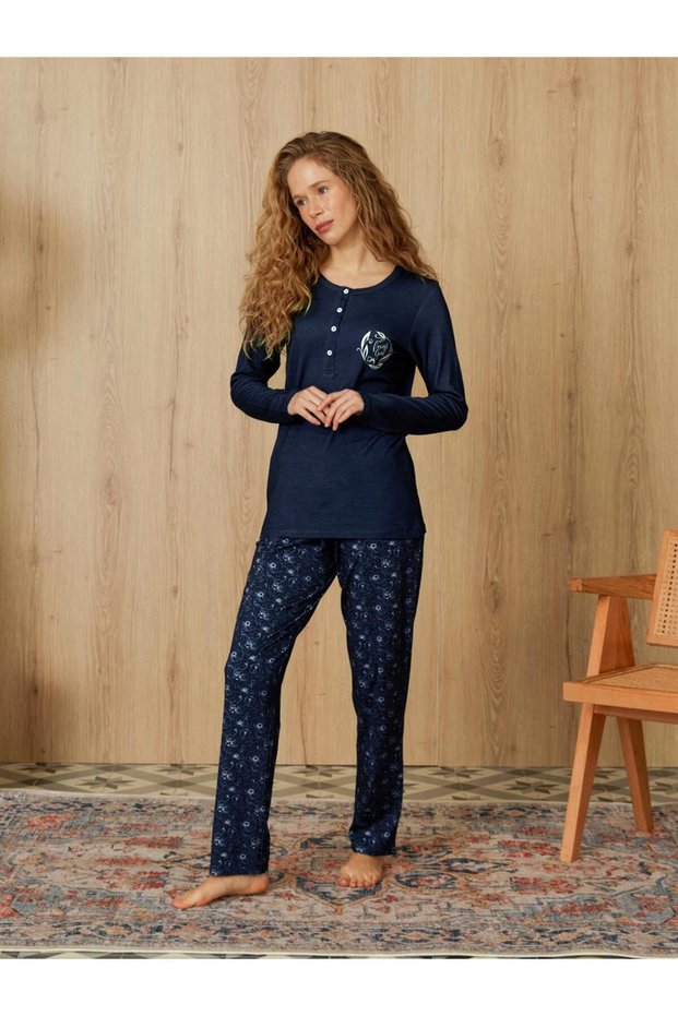 Women's Navy Blue Mini Floral Patterned T-Shirt Pajama Set 4084
