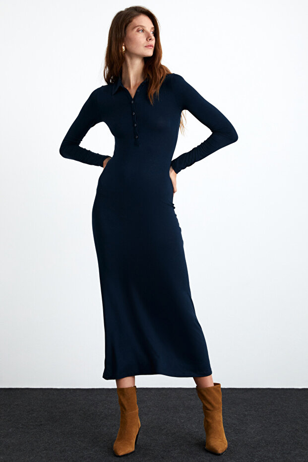 Saıdy Kadın Viskon Likralı Gömlek Yaka Vücüdu Saran Bodycon Maxi Lacivert Elbise