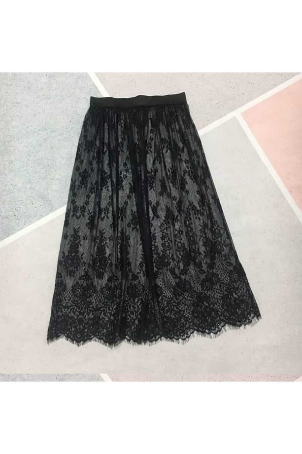 Siyah Midi Boy Dantel Etek,Midi İthal GüpürEtek,Güpür Etek,Gotik Eteki,Dantel Etek - 2