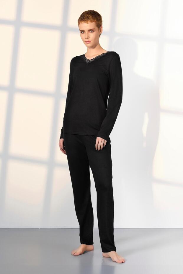 Women's Viscose Black Lace Collar T-Shirt Pajama Set 25K4036