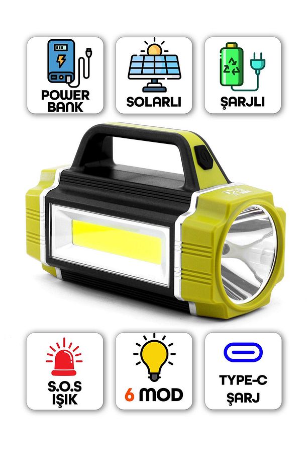 Solarlı El Feneri 6 MODLU Şarjlı Güneş Enerjili 31 COB LED Kamp Lambası Işığı Powerbank TYPE-C 8207 - 1