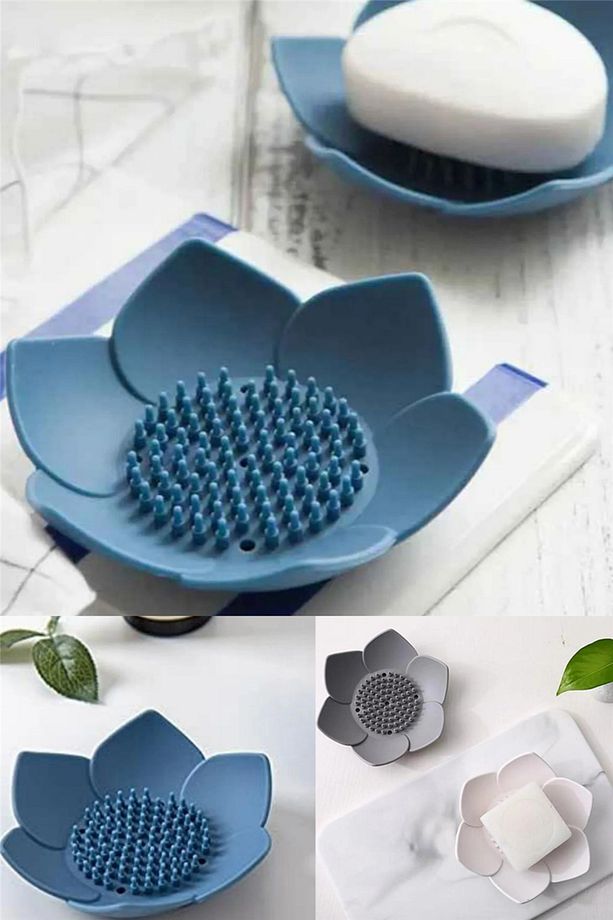 2 Adet Lotus Desenli Sabun Ve Sünger Tutacağı Silikon (MAVİ) Su Giderli Lotus Şekilli Sabunluk - 1