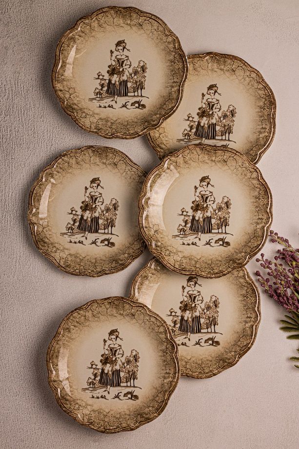 Retro - 6 Parça Porselen Kahvaltı Takımı Pasta Seti Pasta Tabağı Tatlı Tabağı Kahvaltılık Tabak 21cm - 1