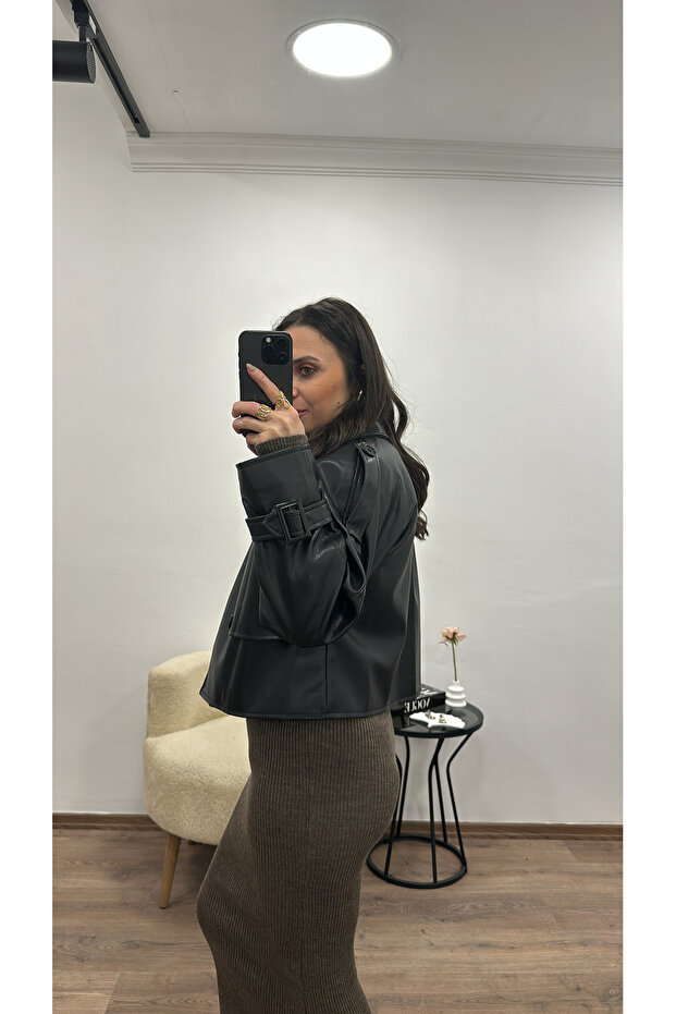 Suni Deri Kısa Ceket - 6