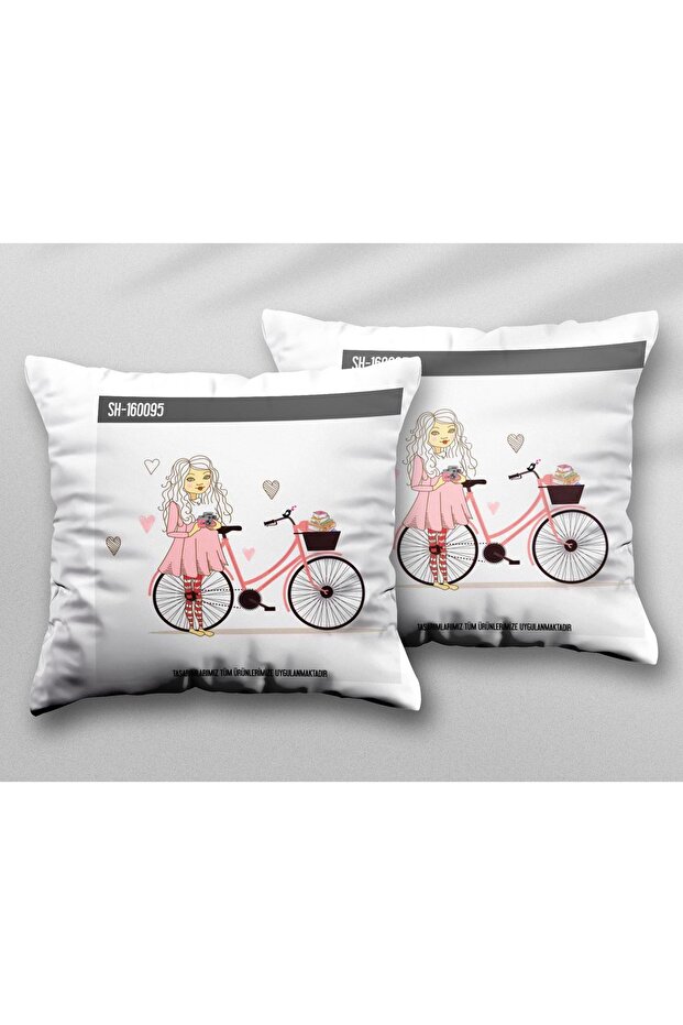 Girl Two Pieces - Washable Cushion Throw Pillow with Bicycle, Basket and Print