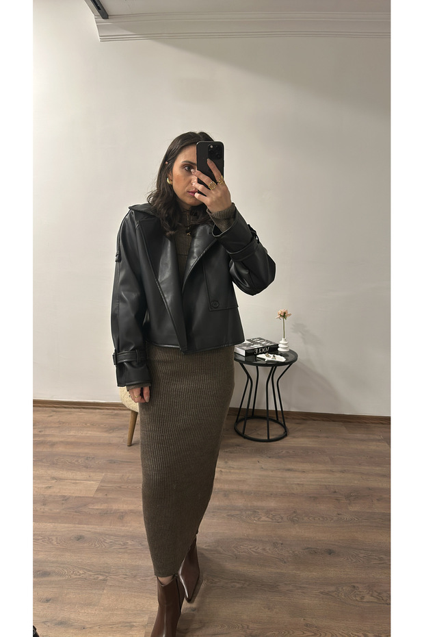 Suni Deri Kısa Ceket - 2