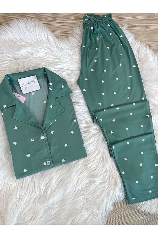 Mint Yeşili Kalp Desenli Kısa Kol Gömlek Yaka Örme Pijama Takımı - 2