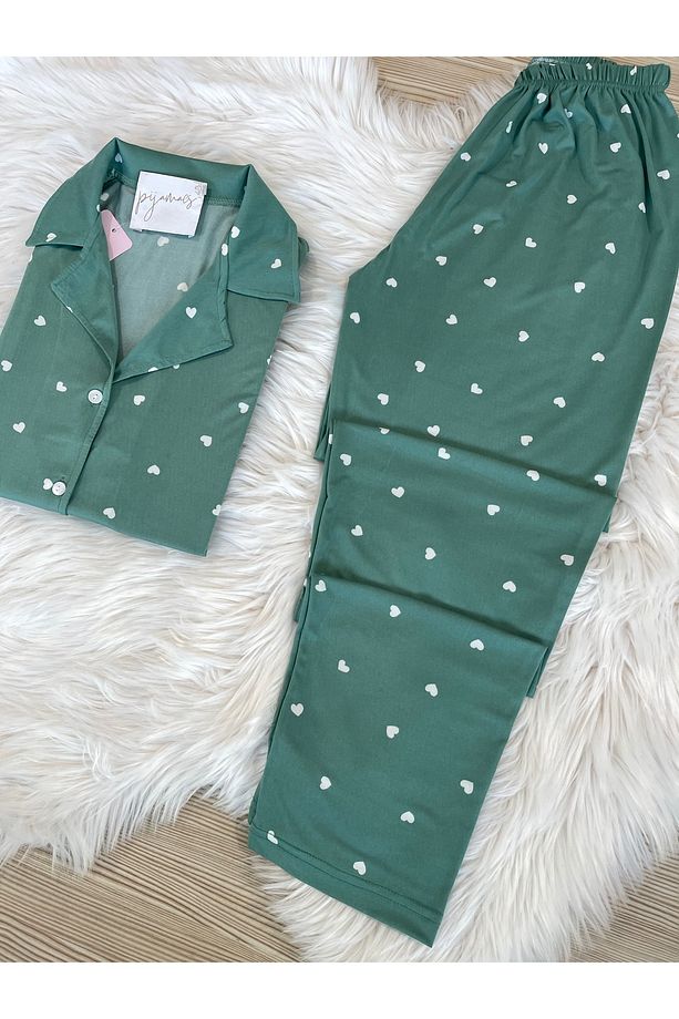 Mint Yeşili Kalp Desenli Kısa Kol Gömlek Yaka Örme Pijama Takımı - 5