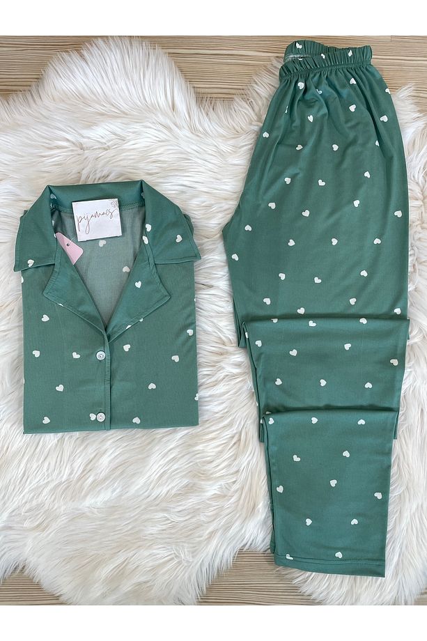 Mint Yeşili Kalp Desenli Kısa Kol Gömlek Yaka Örme Pijama Takımı - 1