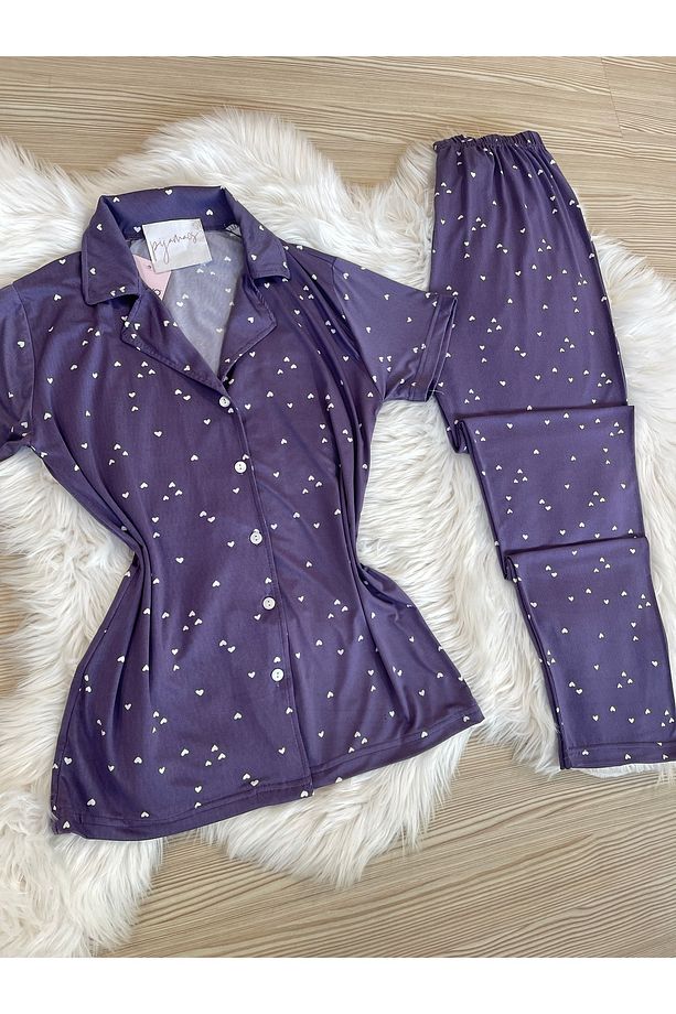 Mor Mini Kalp Desenli Kısa Kol Gömlek Yaka Örme Pijama Takımı - 6