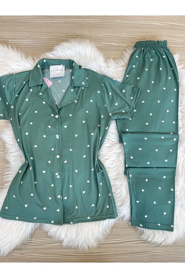 Mint Yeşili Kalp Desenli Kısa Kol Gömlek Yaka Örme Pijama Takımı - 6