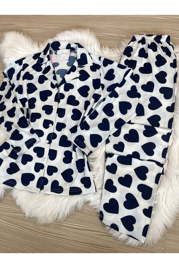 Ekru Üzeri Lacivert Kalp Desenli Uzun Kol Gömlek Yaka Örme Pijama Takımı - 7