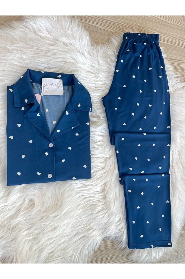 Lacivert Kalp Desenli Kısa Kol Gömlek Yaka Örme Pijama Takımı - 3