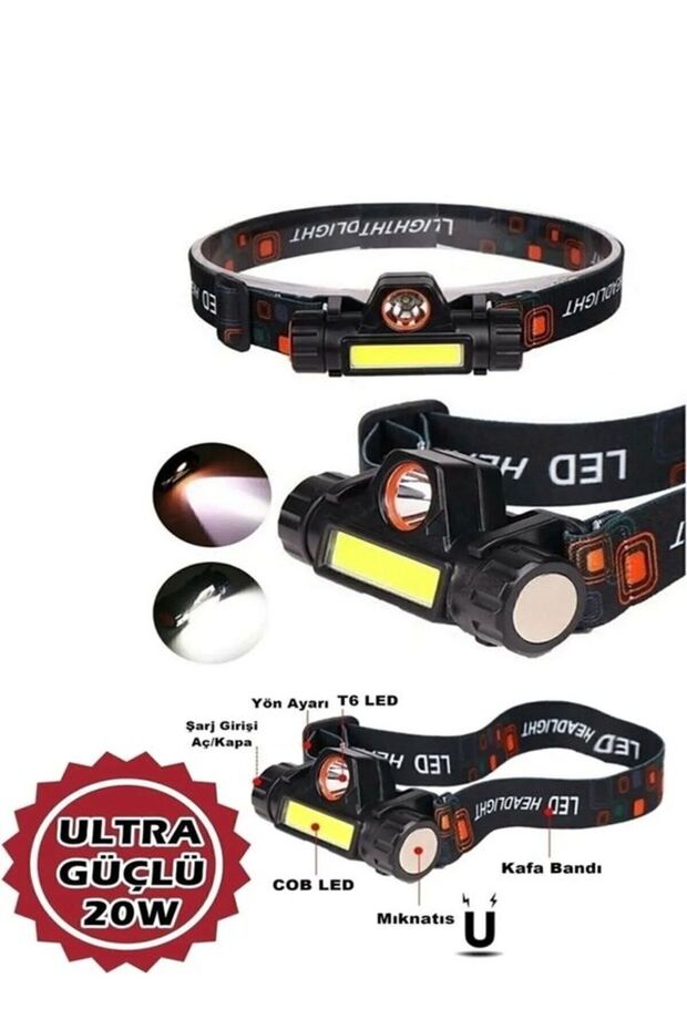 Kafa Feneri Şarjlı Mıknatıslı Lityum Lion Pilli 1200 Lümen Cob Led Kafa Lambası Çalışma Lambası Led - 1