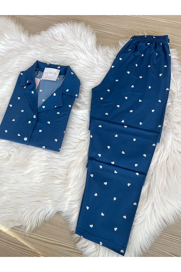 Lacivert Kalp Desenli Kısa Kol Gömlek Yaka Örme Pijama Takımı - 4