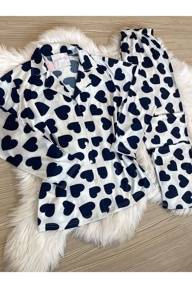 Ekru Üzeri Lacivert Kalp Desenli Uzun Kol Gömlek Yaka Örme Pijama Takımı - 6