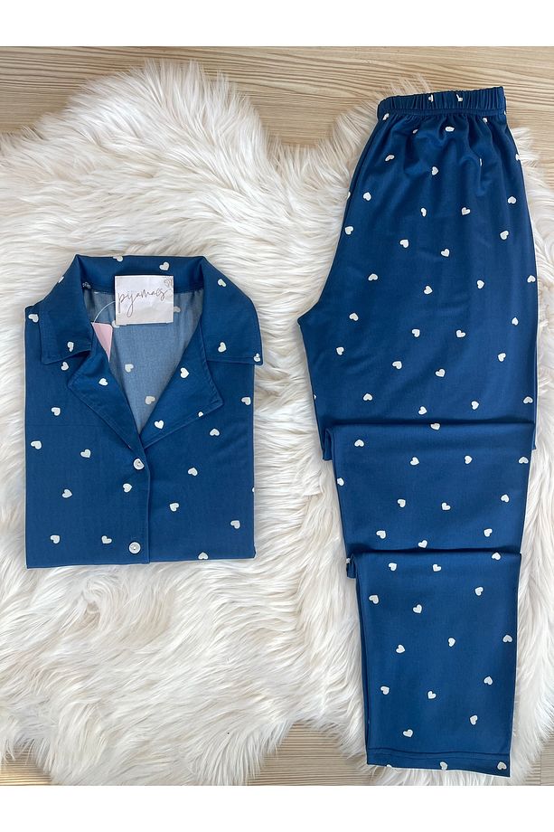 Lacivert Kalp Desenli Kısa Kol Gömlek Yaka Örme Pijama Takımı - 1
