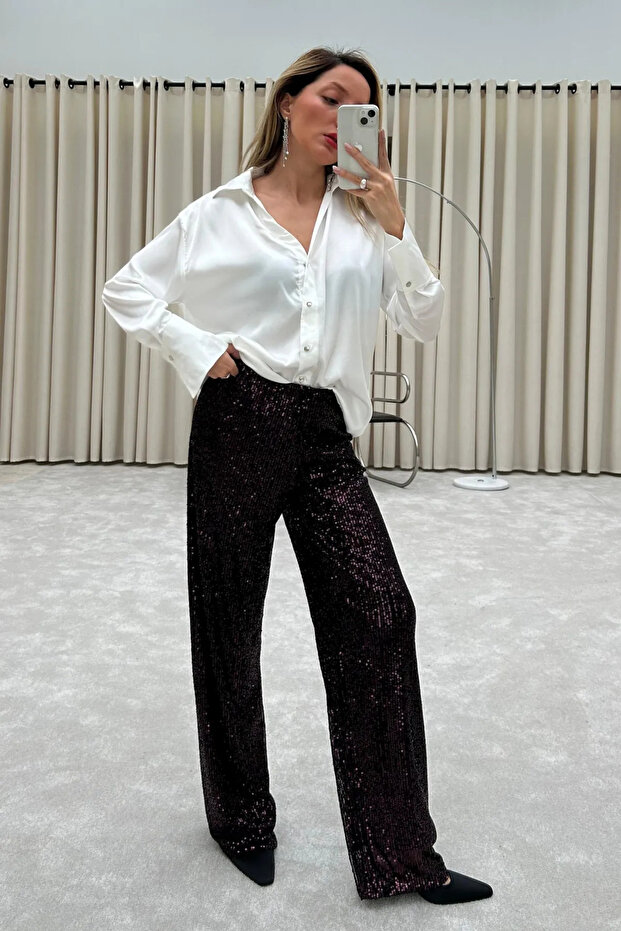 Women's Loose Pants with Elastic Waist and Sequins - Burgundy