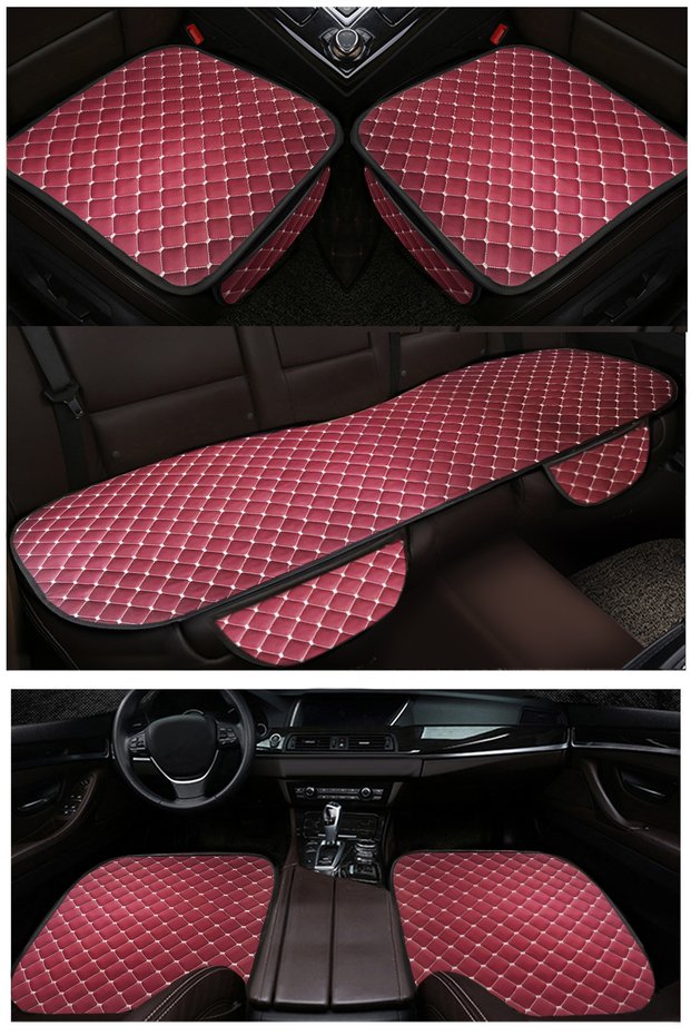 Black Edged Burgundy Leather Car Seat Cushion | White Embroidered Car Seat Protector Sitting Cushion