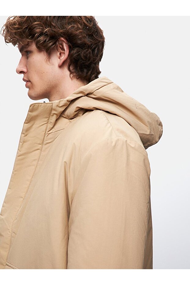Kapüşonlu Şişme Bej Mont - 5