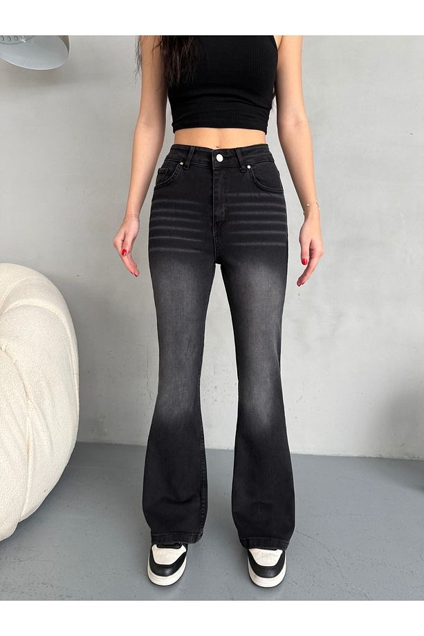 Kadın Yüksek Bel Likralı Ispanyol Paça Jeans - 3