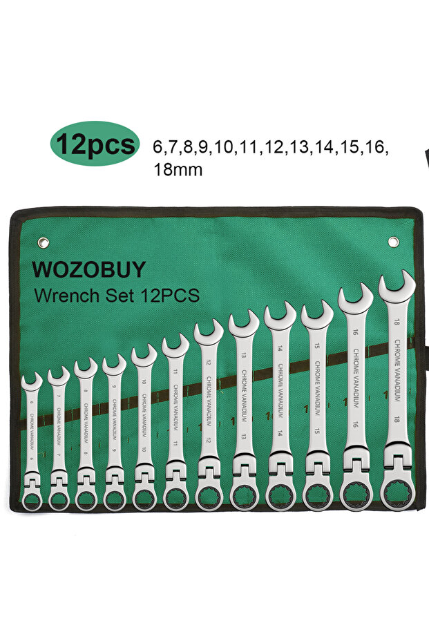 12 pcs(6-18mm) Ratchet Spanner Wrench Set 8-22mm Gear Ring Ratcheting Combination Wrench Kit Metric