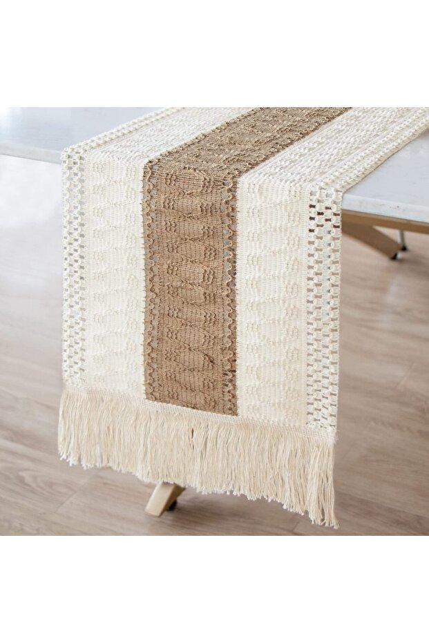 مفرش طاولة من الخيش المتصل مقاس 30×120 سم على طراز المزرعة، مفرش طاولة بوهو بتصميم مزرعة عصري بلون الصدأ