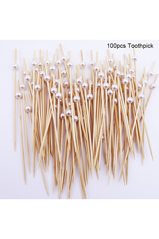 White 100Pcs White Pearl Bamboo Food Fruit Picks Wedding Party Disposable Cake Dessert Cocktail Stic