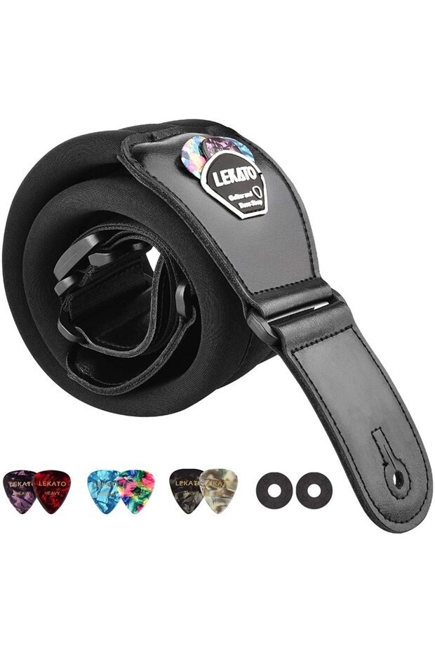 black LEKATO LGS-2 Bass Guitar Strap with 6 Pick Adjustable Cowhide Acoustic Electric Bass Strap Gui