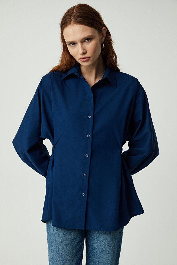 Modest Erına Women's Relaxed Button Waist Adjustable Long Sleeve Navy Blue Shirt