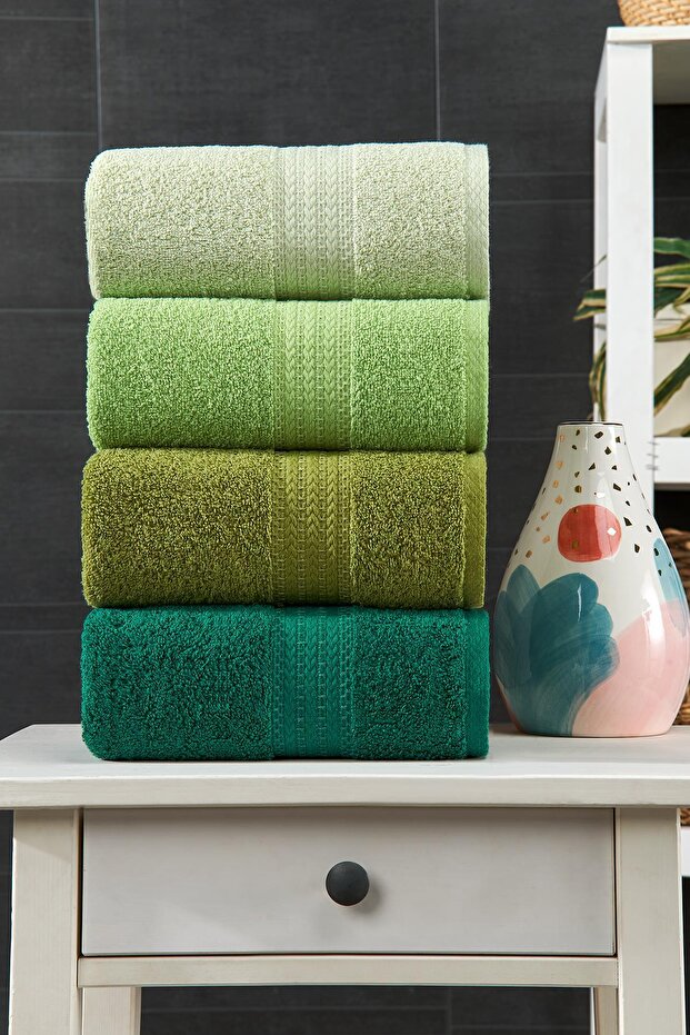 Cotton (COTTON) 4-Piece Green Hand-face-hair Towel Set 50x90cm