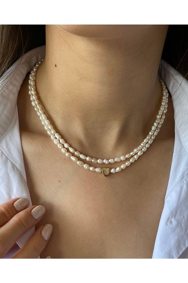 Kadın Gerçek Kum Arpa Inci Kolye Choker Ve Kalp Inci Kolye Seti , Sevgililer Günü Hediyesi Için - 2