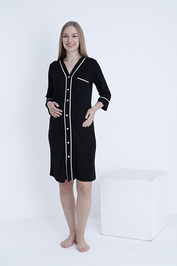 Pregnant and Maternity Knitted Nightgown with Front Button and Stripe Detail