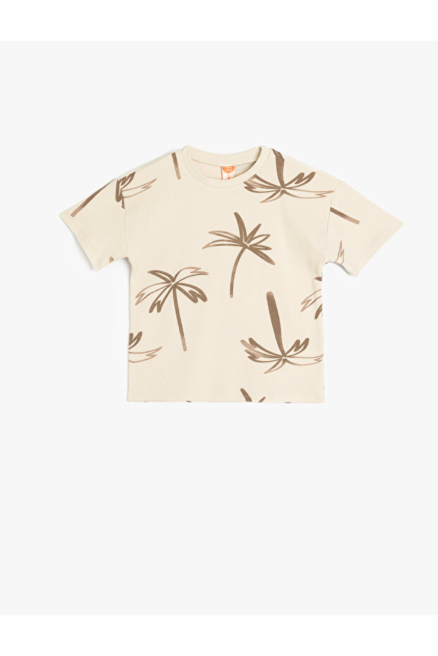 Palm Print Short Sleeve Crew Neck Cotton T-Shirt