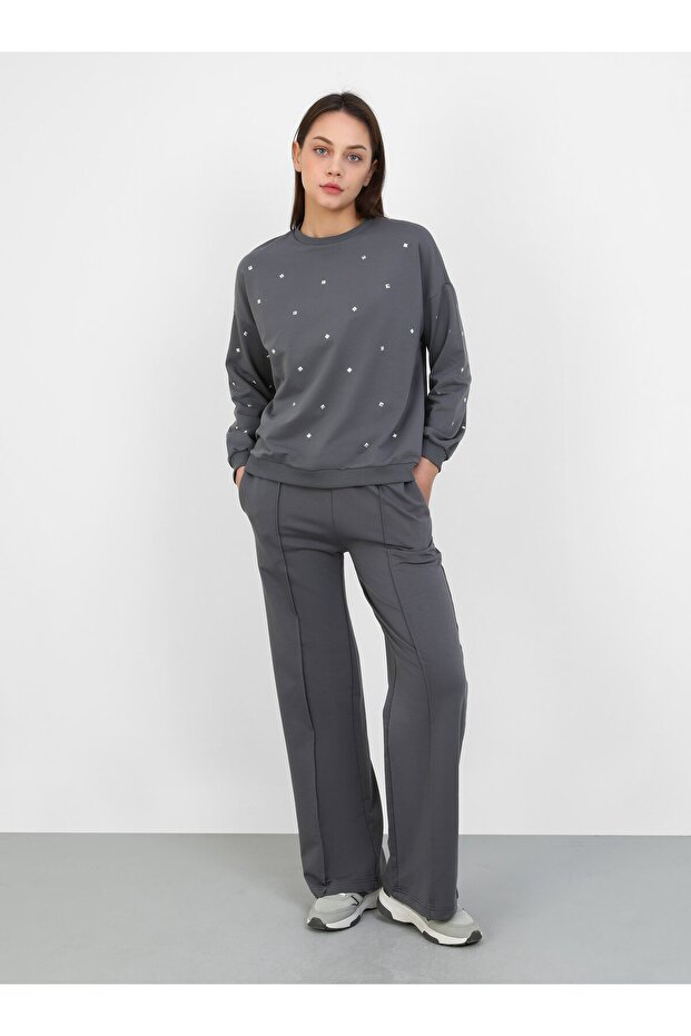 Trok Detaylı Sweatshirt - Antrasit - Refka - 1