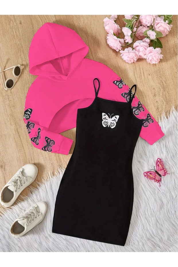 Girl's Butterfly Sleeve Detailed Dress Crop Sweatshirt Set