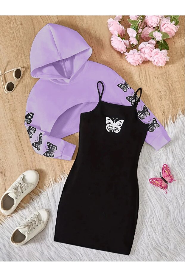 Girl's Butterfly Sleeve Detailed Dress Crop Sweatshirt Set