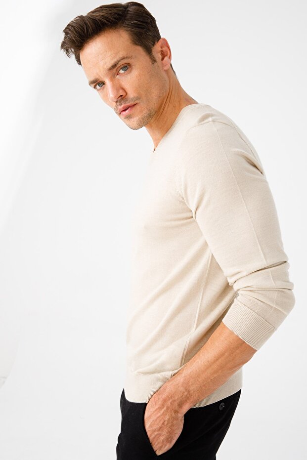 Erkek Basic V Yaka Ince Triko Kazak Bej - 4