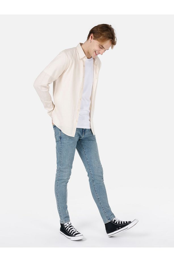 Slim Fit Shirt Neck Düz Erkek Bej Uzun Kol Gömlek - 3