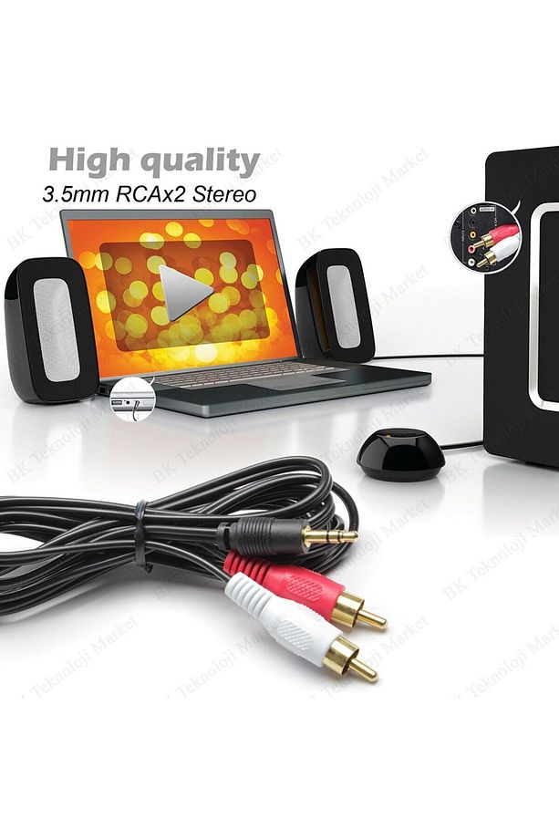 1.5 Metre Siyah Stereo To Rca Kablo 2+1 - 5+1 Bilgisayar Pc Ses Kablosu 3.5 Mm Jak Renkli Kablo - 6